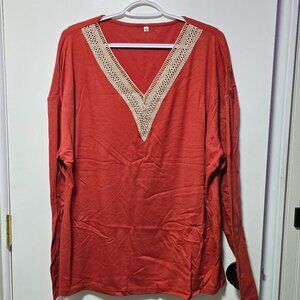 Agseem Copper Long Sleeve Light Top with Lace Neck - Brand New with Tags XLarge